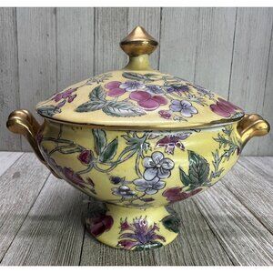 Vtg Chinese Gilding Lidded Trinket Dish 6" Red Stamp Floral Plum Gold Handles